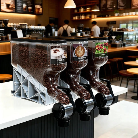 Straight Up Heavy Duty Coffee Bean Dispenser 4 Pack Solid Acrylic Storage Jars For Whole Beans Grains Cereal Snacks Countertop Organizers, filled with coffee beans on display.
