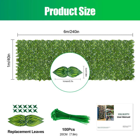 Artificial Ivy Privacy Fence Screen One Piece 240 By 40 Inches UV Resistant Outdoor Hedge including replacement leaves and ties