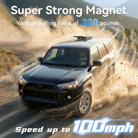 SUV with Heavy Duty Magnetic Starlink Mini Mount With 220 Lb Bases on roof, moving on dusty road