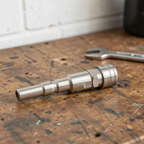 Save Time On Yard Work With This Straight Up Stainless Steel Pressure Washer Quick Connect Coupler showing a 1/4 inch male adapter.