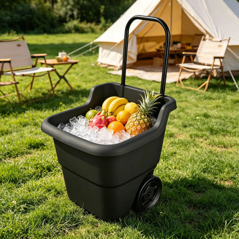 Heavy Duty 15 Gallon Rolling Garden Cart With Retractable Handle And 7 Inch Wheels For Outdoor Yard Work A Real Workhorse Lightweight Resin Utility Wagon For Gardening Lawn And Home Hauling loaded with ice and fruit.