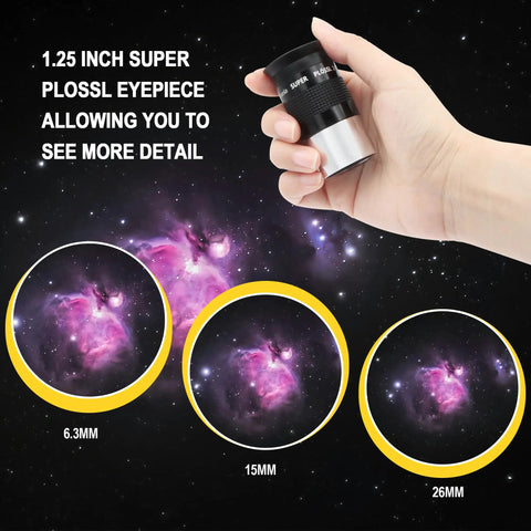 1.25 Inch Telescope Eyepiece Set For Street Worthy Views, Ultra Clear Super Plossl 6.3mm 15mm 26mm, shown with nebula images