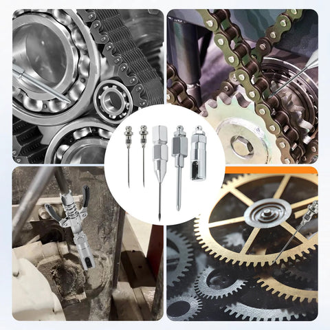 AILEDWER grease gun tips and fittings set with needle nozzles and 90-degree coupler; metal fittings on gear background.