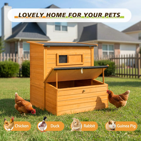 Wooden Chicken Coop For Backyard Living With Outdoor Hen House Design, Three Nesting Boxes, Removable Tray, Foldable Ramp, and Sturdy Asphalt Roof in garden setting with chickens