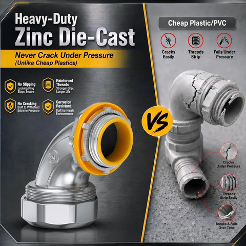 10 Piece Liquid Tight Conduit Connector Pack Includes 3/4 Inch Straight Fittings And Ninety Degree Elbows For Smooth Indoor Outdoor Cable Runs Into Boxes Heavy Duty Metal Construction Delivers No Sweat Installation And Rock Solid Grip with zinc die-cast elbow fitting.