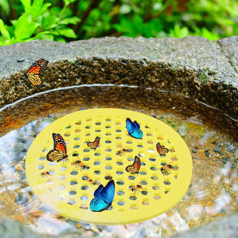 Four Pack Floating Bee Watering Station 7.87 Inch Island Float Tray for Pollinators with bees and butterflies on foam.