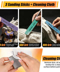 Total Game Changer Kit With Pin Vise And Ten Micro Bits And Hobby Knife And Sanding Sticks And Cleaning Cloth For Crushing Gunpla Miniature And Resin Projects That Look Totally Fresh, sanding sticks in use and cleaning cloth.
