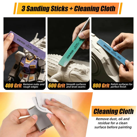 Total Game Changer Kit With Pin Vise And Ten Micro Bits And Hobby Knife And Sanding Sticks And Cleaning Cloth For Crushing Gunpla Miniature And Resin Projects That Look Totally Fresh, sanding sticks in use and cleaning cloth.