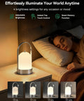 Battery Powered Outdoor Lantern Table Lamp Waterproof 4000mAh Cordless Rechargeable 4 Level Touch Dimmable Lit Night Light For Patio Camping Restaurant next to sleeping person on nightstand.