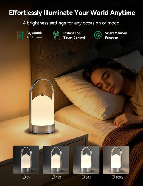 Battery Powered Outdoor Lantern Table Lamp Waterproof 4000mAh Cordless Rechargeable 4 Level Touch Dimmable Lit Night Light For Patio Camping Restaurant next to sleeping person on nightstand.