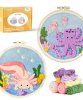 Easy Peasy Beginner Punch Needle Kit For Adults With All Tools And Materials Easy To Follow Instructions And Videos Water Soluble Pattern On Linen Axolotl And Octopus Design No Fuss Embroidery Starter For Relaxation And Skill Building with colorful yarn and completed designs in hoops.
