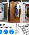 Hidden Pivot Door Hinge Set For Wood Doors And Secret Bookcases Heavy Duty Stainless Steel 360 Degree Rotation With Simple Lock Includes Accessories For Murphy Bookcase And Large Doors installed on bookshelves