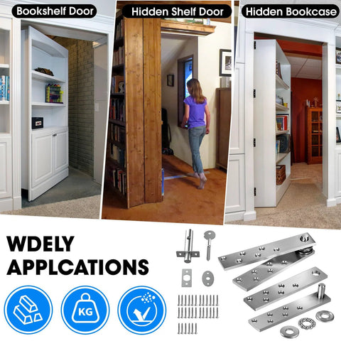 Hidden Pivot Door Hinge Set For Wood Doors And Secret Bookcases Heavy Duty Stainless Steel 360 Degree Rotation With Simple Lock Includes Accessories For Murphy Bookcase And Large Doors installed on bookshelves