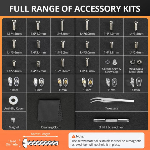 All In One Eyeglass Repair Kit With Eight Screwdriver Types Sixteen Screw Sizes and Accessories