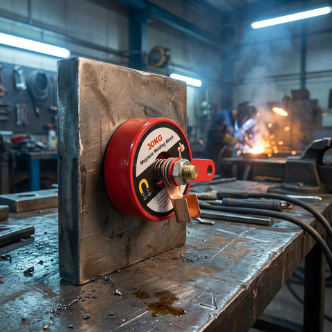 Super Tough Magnetic Welding Ground Clamp With Heavy Duty Alloy Steel Build And Epic 30kg Suction Power Plus Durable Anti-Collision Shell Made Perfect For Pro Pros And DIY Heroes Doing Serious Welding Projects On Any Metal Surface In The Shop, shown on steel block.