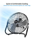 18-Inch High-Velocity Industrial Floor Fan with metal frame, aluminum blades, 3-speed control, and 180-degree tilt for versatile cooling.