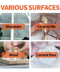 Various surfaces suitable for butyl tape application: glassware, ceramic tile, wood, and cement floor showcased in image.