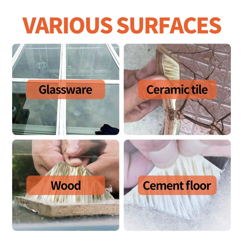 Various surfaces suitable for butyl tape application: glassware, ceramic tile, wood, and cement floor showcased in image.
