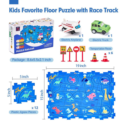 Puzzle Racer Kid Friendly Cars Track Set For Ages 3 To 5 Large 12 Piece Puzzle With Cars Airplane And Dinosaur Pieces