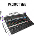 16 Channel Audio Mixer With Bluetooth And USB Playback 99 DSP Effects Digital Mixing Console with size dimensions shown