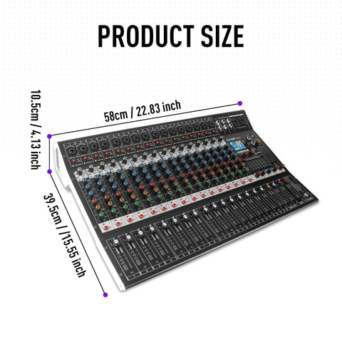 16 Channel Audio Mixer With Bluetooth And USB Playback 99 DSP Effects Digital Mixing Console with size dimensions shown