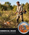 Man using Beast 52cc Gas Weed Eater 3 In 1 Trimmer Edger Brush Cutter With 18 Inch Cutting Path in a wooded area