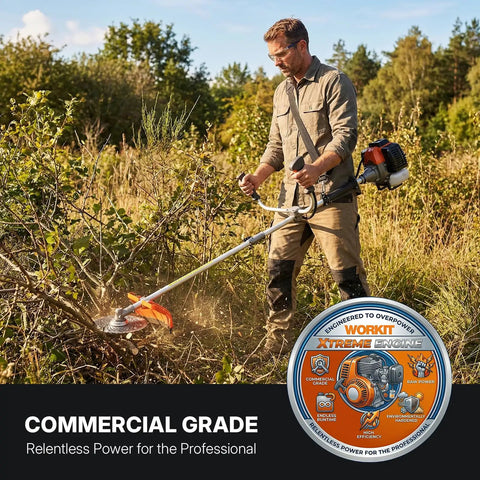 Man using Beast 52cc Gas Weed Eater 3 In 1 Trimmer Edger Brush Cutter With 18 Inch Cutting Path in a wooded area
