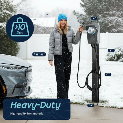 Badass Outdoor EV Charger Pedestal Rock Bottom Anti Wobble Base locks down your ride with heavy-duty material, dimensions shown.