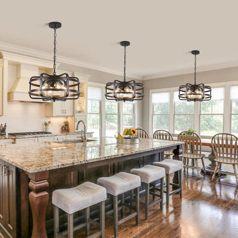 Dope Industrial Black 4 Light Cage Chandelier for Dining Room, kitchen view with farmhouse rustic pendant and vintage lantern look.