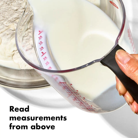 Angled 3 Piece Measuring Cup Set With Read From Above Design Liquid Measuring Cups For Easy Pouring And Quick Reads Ergonomic Kitchen Essentials For Baking And Cooking No More Bending Or Squinting showing easy-to-read markings.