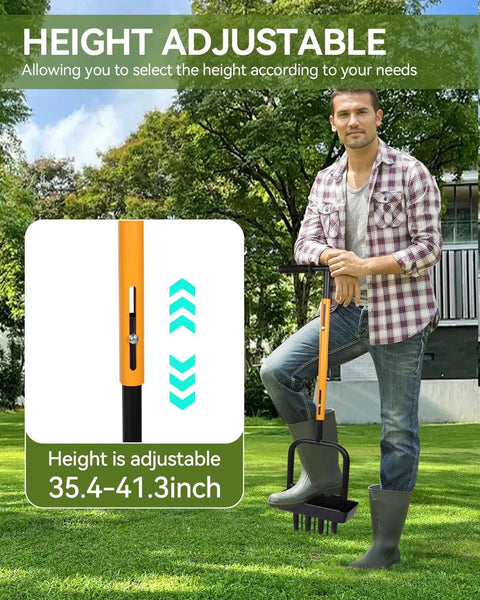 Person adjusting 2-In-1 Manual Lawn Aerator Tool With Soil Core Storage Tray 41.3 Inch Heavy Duty Carbon Steel Core Aerator.