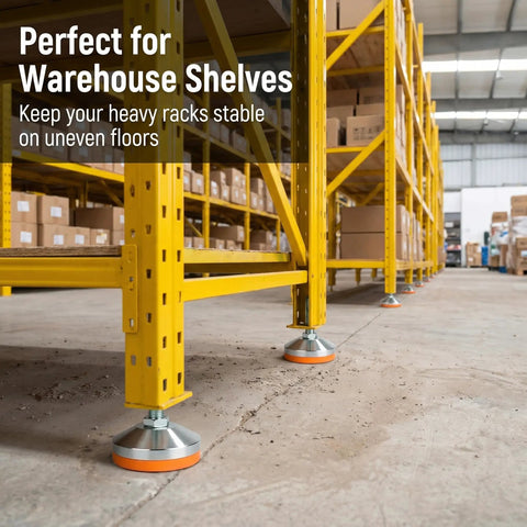 Beefy Stainless Steel Adjustable Leveling Feet With Dead Solid 2600 Lb Support Per Leg M16 Threads Non Slip Bottoms 4 Pack For Stable Workshop Bench Rigging on warehouse shelves.