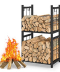 Two Tier Indoor And Outdoor Firewood Rack Portable Heavy Duty Easy To Assemble With Four Hooks In Sleek Black Finish Holding Logs