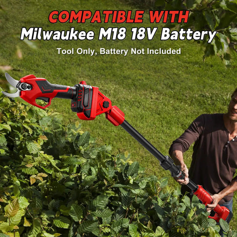 Rugged Electric Pole Pruner And Cordless Shears With Telescoping Rod for backyard trimming, shown in use on thick limbs.