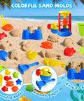 Epic 19-Piece Beach Sand Toy Set with colorful molds, water wheel, bucket, and watering can on sand beach