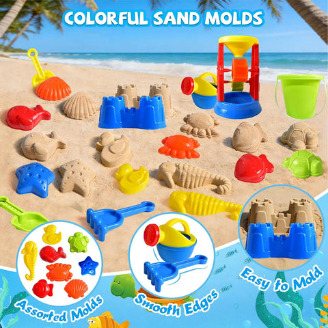 Epic 19-Piece Beach Sand Toy Set with colorful molds, water wheel, bucket, and watering can on sand beach