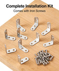 Heavy Duty Zinc Plated L Bracket Corner Braces With Screws, installation kit on wooden surface with iron screws.