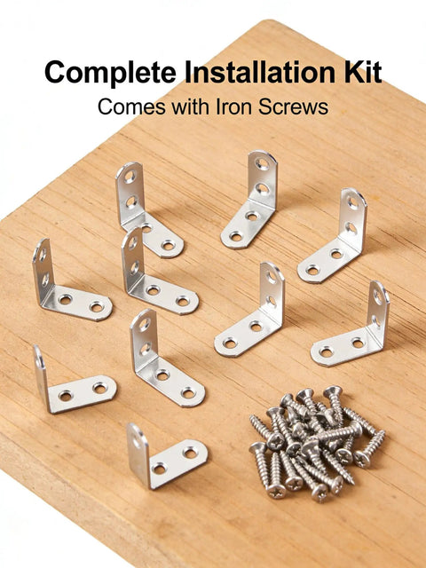 Heavy Duty Zinc Plated L Bracket Corner Braces With Screws, installation kit on wooden surface with iron screws.