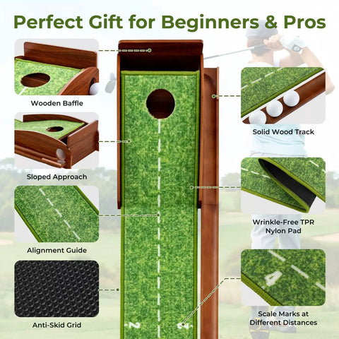 Indoor Golf Putting Mat With Putter And Five Practice Balls Auto Ball Return Velvet Surface for home or backyard practice, setup display with features