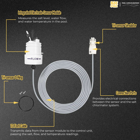 Three In One Tri Sensor Assembly With Attached Cable For AutoPilot Pool Pilot Salt Chlorinator Systems Keeps Salt Level Water Flow And Temperature In Check For Smooth Chlorination And Peak Efficiency. White sensor module with 12-foot cable