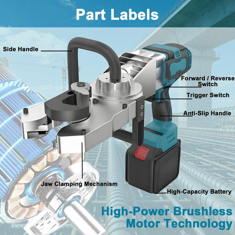90 Degree Rotatable Rebar Threading Machine With 800W Brushless Motor And 800Nm Torque, Cuts And Threads 16 To 40mm Steel Rebar In Seconds, Built Tough Multi Angle Cutting Tool For Foundations And Slabs, DIY Friendly, battery handle and jaw clamp