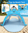 Pop Up Beach Tent Sun Shelter For 3 To 4 People set up on beach showing sky blue canopy, mesh windows, and setup instructions.