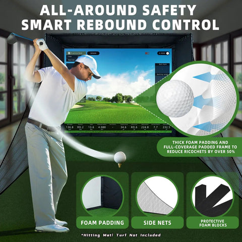 Indoor Golf Simulator Enclosure Kit With Premium HD Impact Screen, showing safety padding and netting for rebound control