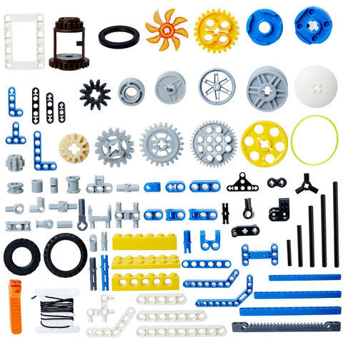 330 Piece 12 In 1 STEM Building Kit With Electric Power Motor For Kids build kit parts, gears, wheels, and connectors laid out