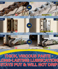 Before and after images showing the effectiveness of White Lithium Grease Multi Purpose Waterproof Lubricant For Hinges Bearings Gears Track Rails Go To Choice For Marine Auto Industrial And Household Use 3oz 85g Delivers Long Lasting Smooth Operation And Quiet Performance on chains, hinges, and wheels.