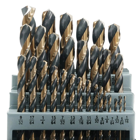 Close-up of 29 Piece Cobalt Drill Bit Set With 135 Degree Split Point, High Speed Steel, Black And Gold Finish in case