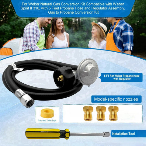 Gas To Propane Conversion Kit For Spirit II 310 315 E310 E210 Grills With 5Ft Regulator Hose Specific Fit BTU Matched Orifices Easy Switch From Natural Gas To Propane including hose, nozzles, and tools
