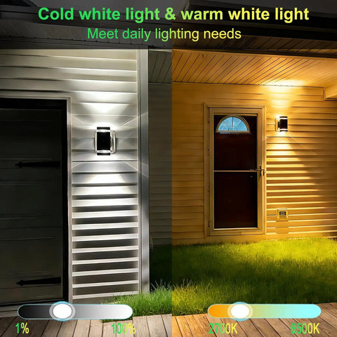 Outdoor Wall Light With RGB Color Changing And Warm White, 1000lm, mounted on house exterior, illuminating patio area