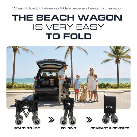 Heavy Duty Beach Wagon With Big Wheels For Sand folded near car trunk, family and dog by the beach