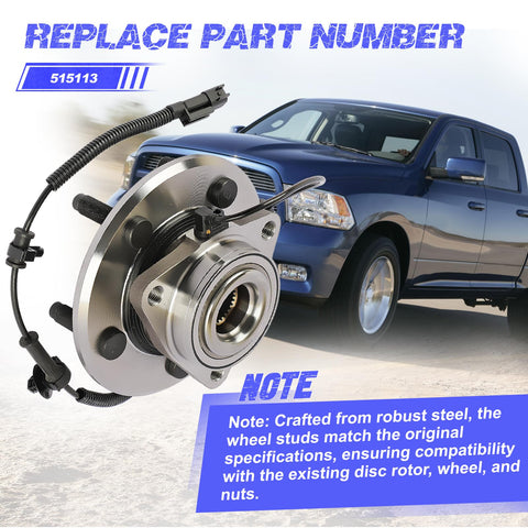 Heavy Duty Front Wheel Hub Bearing Assembly With ABS For Ram 1500 2006 2007 2008 2009 4 Wheel ABS Compatible 5 Stud Front Wheel Replacement OE Style Fits 515113 52070323AG 52070323AH 52070323AF next to parked truck